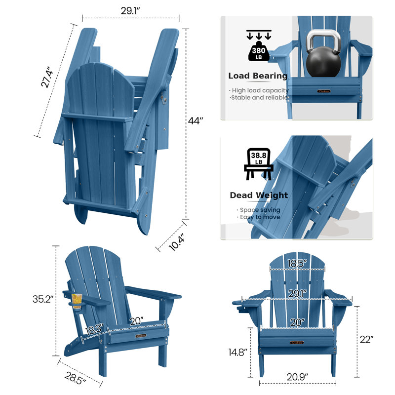 Mallette Adirondack Wood Texture HDPE Foldable Chair Pit Chair with Cup Holder, Navy Blue