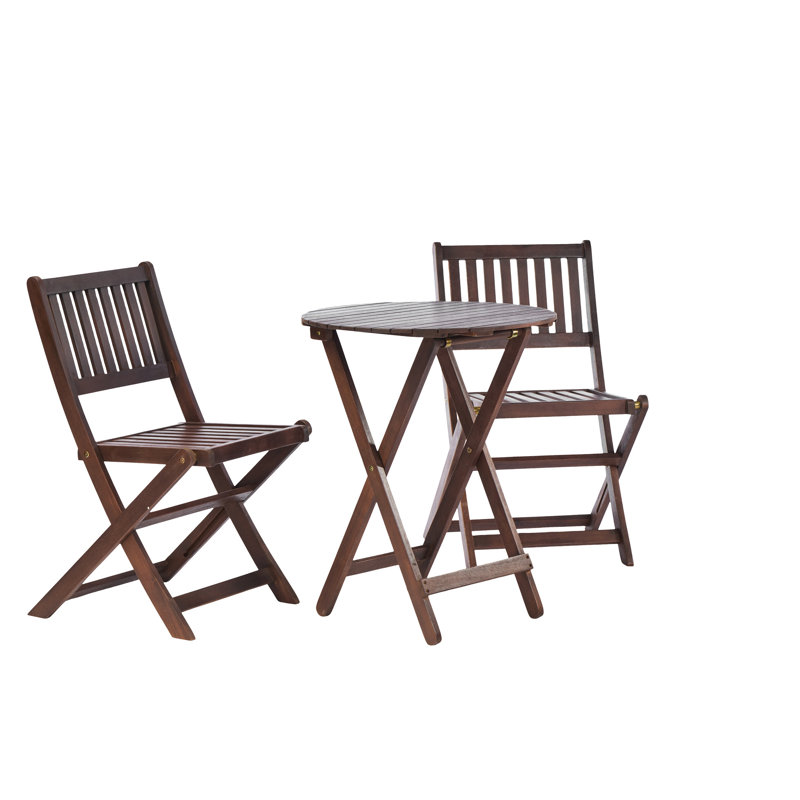 Wood 3 Bistro Patio - Folding Chairs & Coffee Table For Gardens, Backyards, Balconies, Porches, Elegant Brown Natural Stain Finish