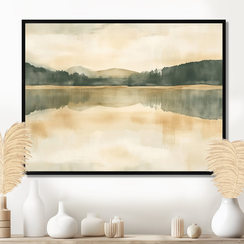 «Olive Shore Lake I», art mural sur toile vert, H 34 po x l 44 po, Cadre flottant noir