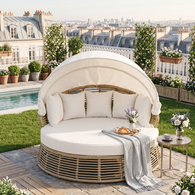 Outdoor Patio Wicker Daybed with Adjustable Canopy, Thick All-Weather Cushions and Removable Pillows