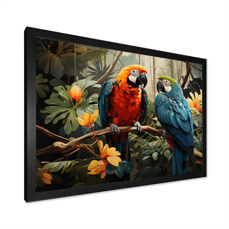 «Tropical Parrot Plumage I», art mural grand perroquet, Cadre simple noir, H 24 po x l 32 po x P 1 po