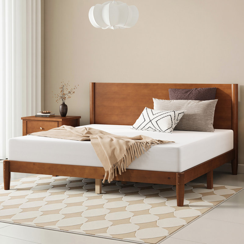 Mid Century Solid Wood Platform Queen Bed Frame With Wood Slat Support, Brown, Brown, Queen