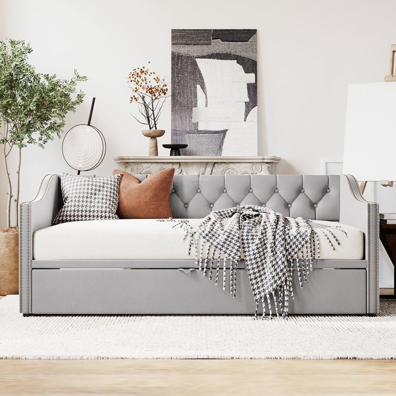 Twin Size Daybed With Gray Upholstery And Adjustable Pop Up Trundle For Adults Upholstered In - Functional Various Spaces, No Box Spring