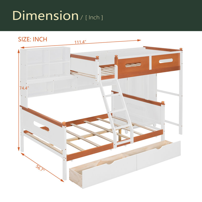 Lit superposé simple au-dessus d'un lit double en bois avec garde-robe, tiroirs, tablettes et lumière DEL