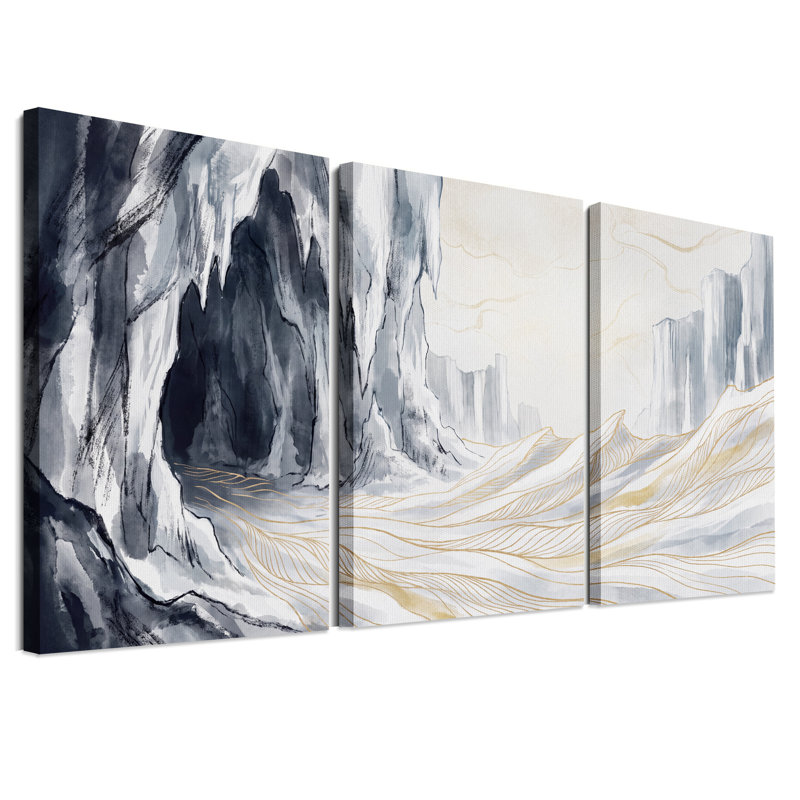 Ensemble de 3 toiles murales représentant un canyon en noir et blanc avec des ondulations de sable doré, 24"H x 16"W x 3pcs