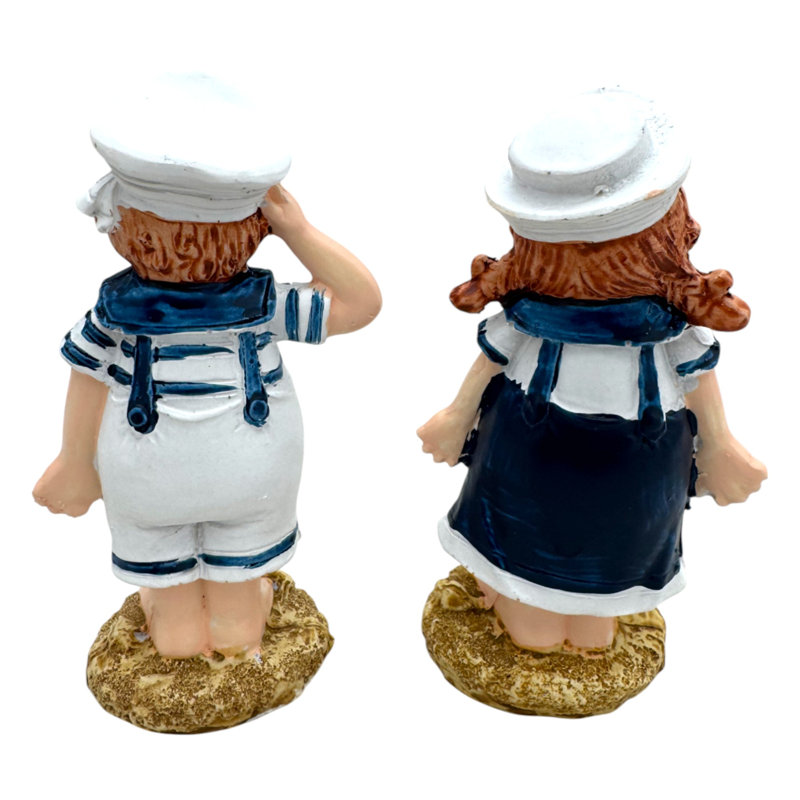 Ensemble de 2 figurines de garçon et fille marin sur des rochers, H 5,3 po x l 2 po x P 2,8 po, Blanc-bleu-brun