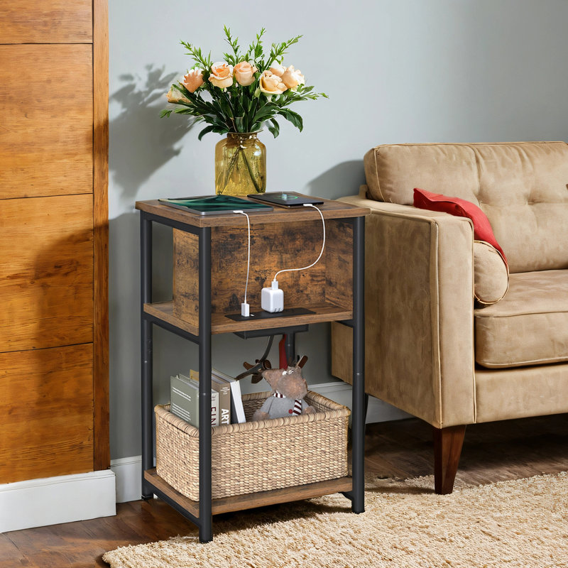 Side Table With Charging Station, Rustic Brown/Black