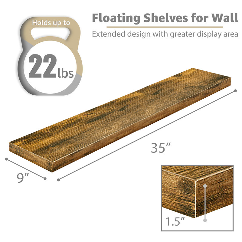  Ensemble de 2 tablettes flottantes de 35 po de long avec fixation invisible - noyer, 1.5” H x 35'' L x 9'' W, Noyer