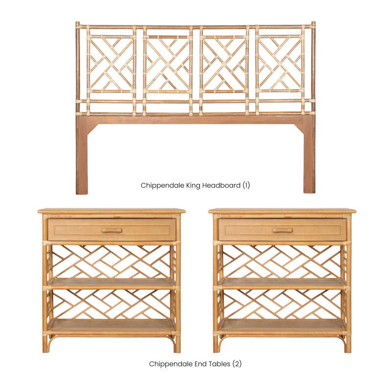 Chippendale Queen Headboard And Nightstand Set - Natural, Tan, King, Pieces Included: 3 Pcs: Headboard, 2 Nightstands, 