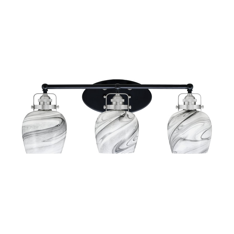 Barre d'éclairage de salle de bain 3 lumières avec verre tourbillon onyx 6 "Easton, Noir mat/nickel brossé