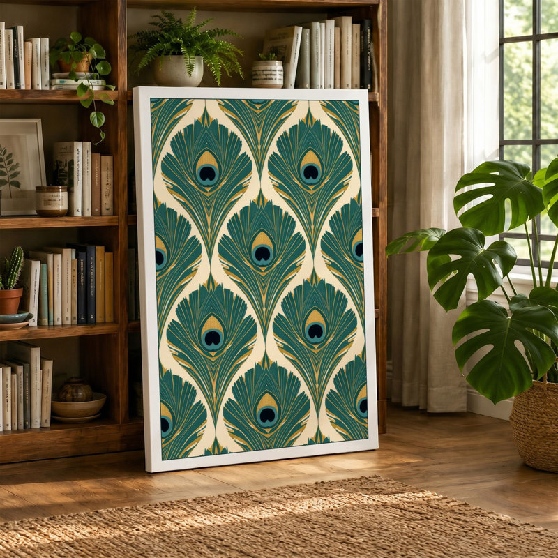 Peacock Feather Tessellation Art Deco - Wrapped Canvas, 36x24 - 91.4 x 61.0 cm, Ochre Border