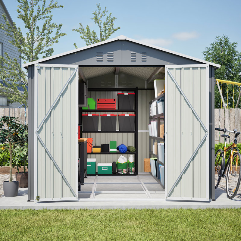 Remise de rangement extérieure 8 x 12 pi - Grand outil en métal avec cadre en aluminium et portes verrouillables pour la cour de jardin, avec beaucoup d'espace, portes doubles pratiques, conception pratique facile