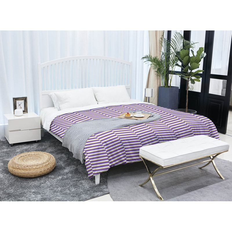 Édredon réversible simple en microfibre à rayures fracturées, Édredon grand, Mauve/jaune