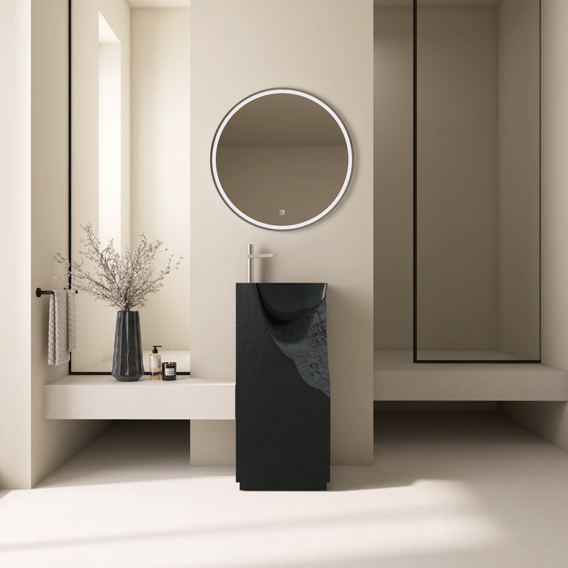 15 1/2'' Freestanding Solid Surface Pedestal Sink With Gloss Basin And Chiseled Front, Black