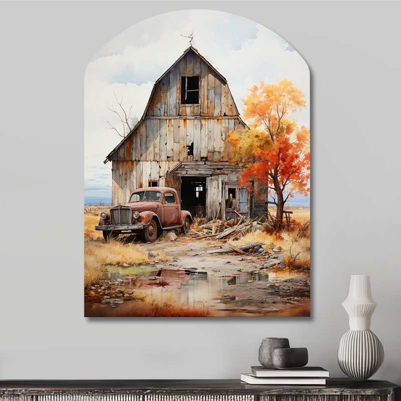 Dickinson - Barns, art mural asymétrique en métal, impression d'arche en métal gris, H 34 po x l 25 po