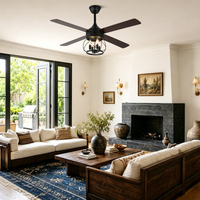 Ventilateur de plafond 52 po en cage avec lumières et télécommande, moteur CC réversible silencieux, 6 vitesses, pour le salon
