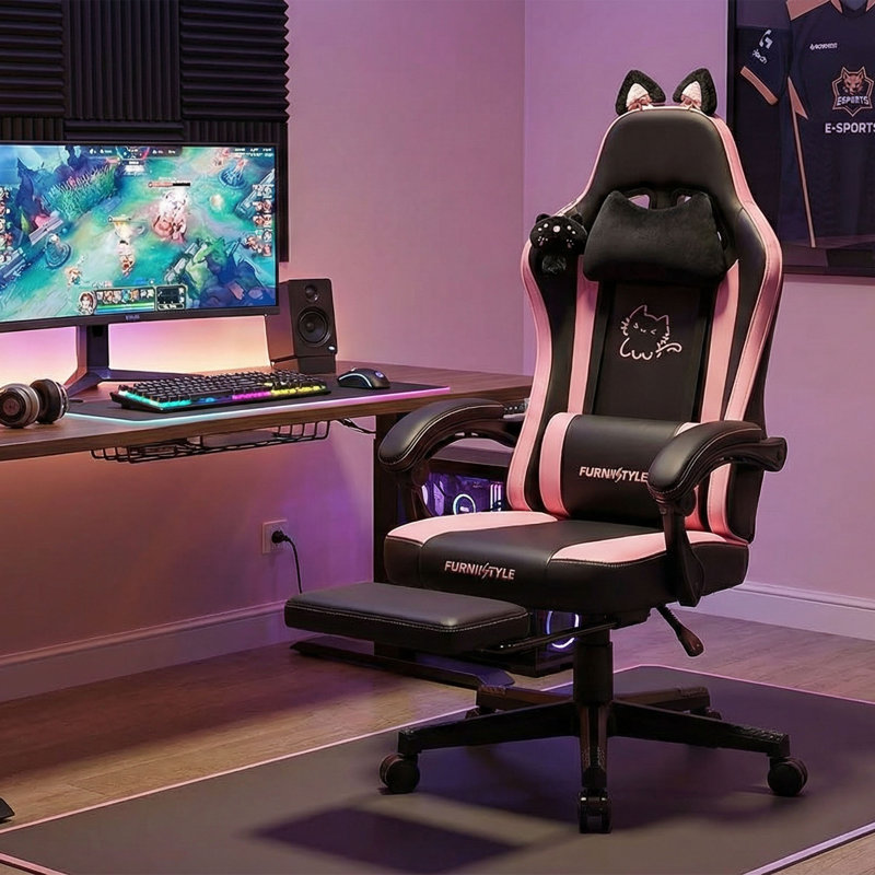 Gaming Chair Cute with Cat Ears & Ringing Accessories and  Lumbar Support, Ergonomic Computer Chair for Girl with Footrest  Headrest & Padded Arms