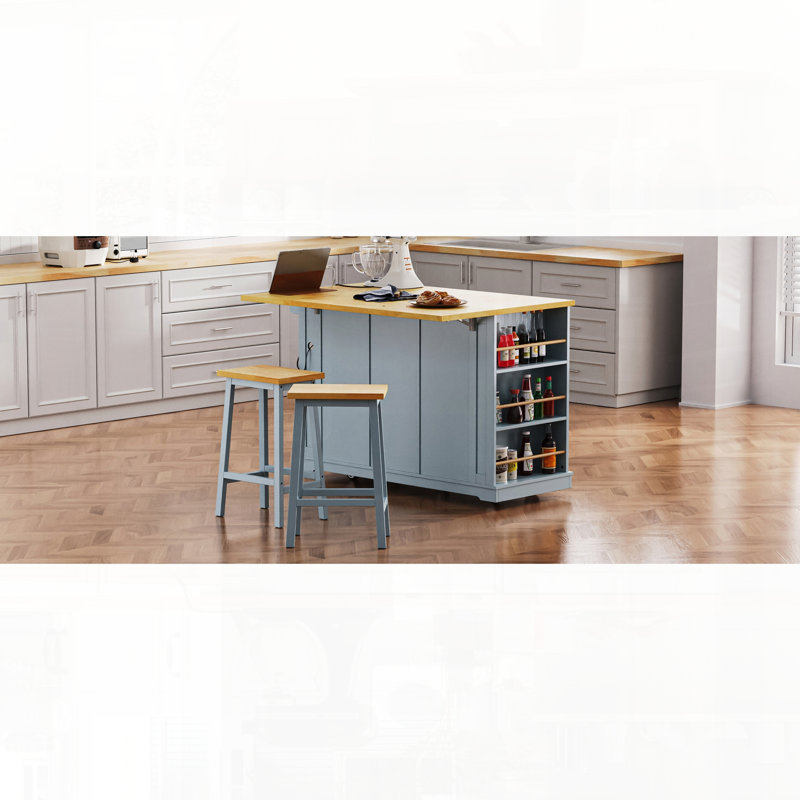 Îlot de cuisine mobile avec abattants et supports de rangement ouverts, Bleu gris