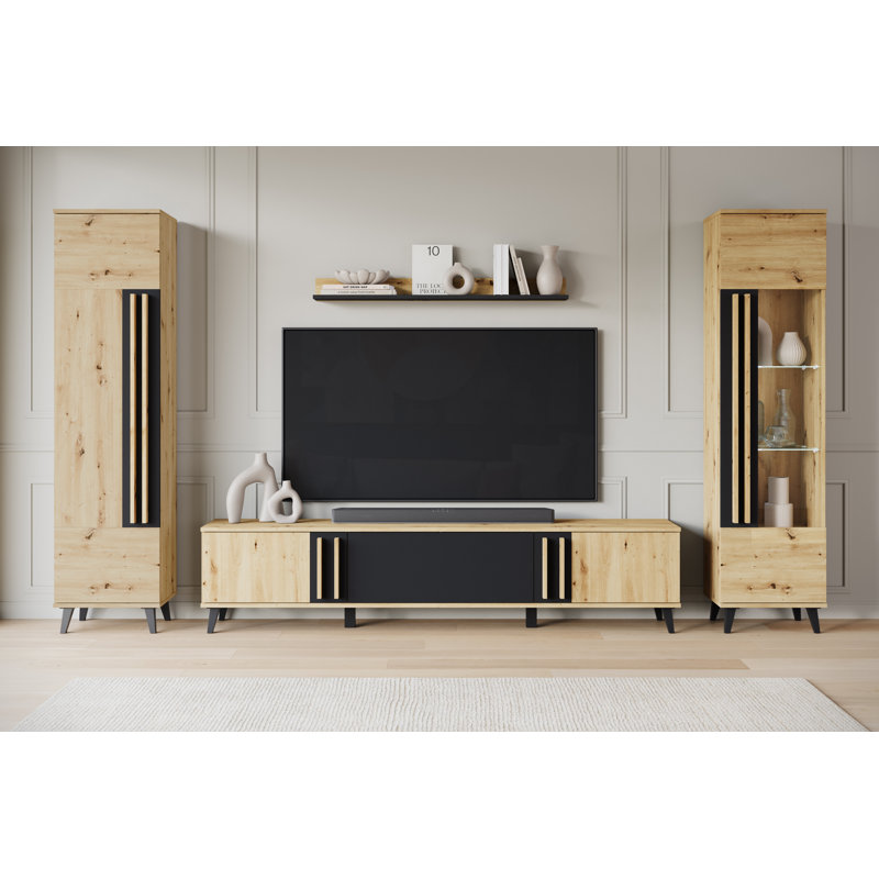 Huron Ii Wall Unit With Led Ligting In Colour: Black, Medium Wood/Black