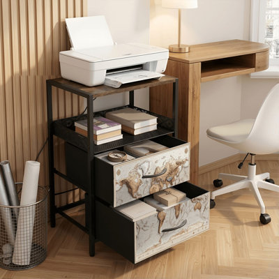 Table de chevet 2 tiroirs avec station de charge, table de chevet pour chambre avec ports USB et amp; «Outlets Open Shelf» noir, table de chevet avec impression détaillée topographique physique de carte du monde