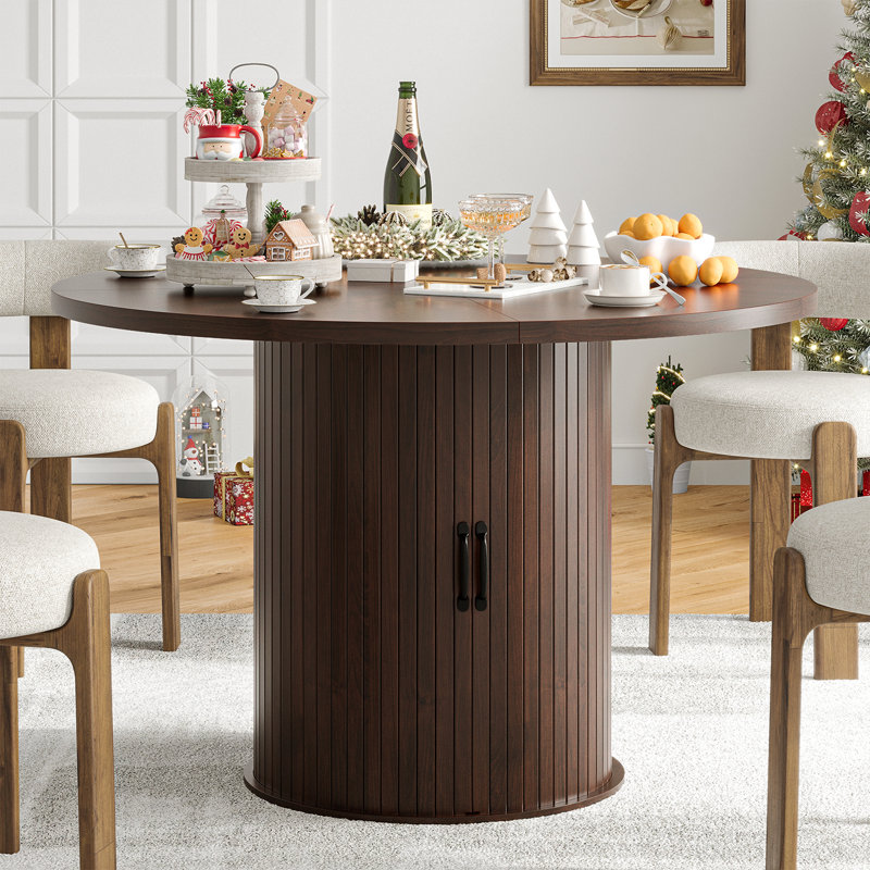 Collette 47.3" Modern Round Dining Table for 4-6, Kitchen Table with Storage & Strip Base, Brown