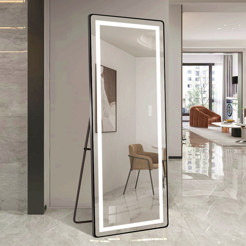 Miroir vertical de 64 po x 21 po pleine longueur avec lumière DEL, miroir de sol illuminé avec support, miroir mural avec cadre mince en alliage d'aluminium pleine longueur, noir