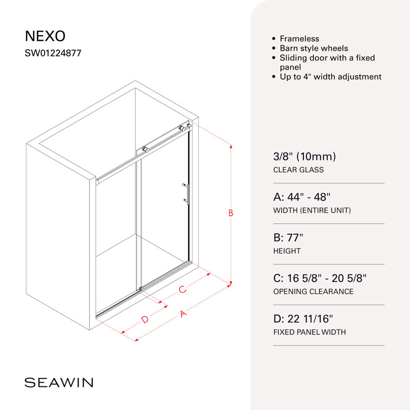 Nexo Sliding Shower Door 44 - 48 in. W x 77 in. H Polished Chrome Hardware 3/8 inch (10 mm) Thick Clear Glass, Chrome
