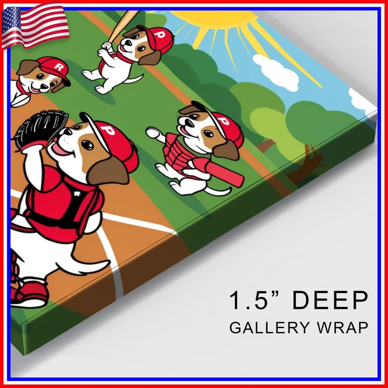 Dessin de chiots de baseball sur toile tendue en plusieurs tailles, 20 po x 24 po