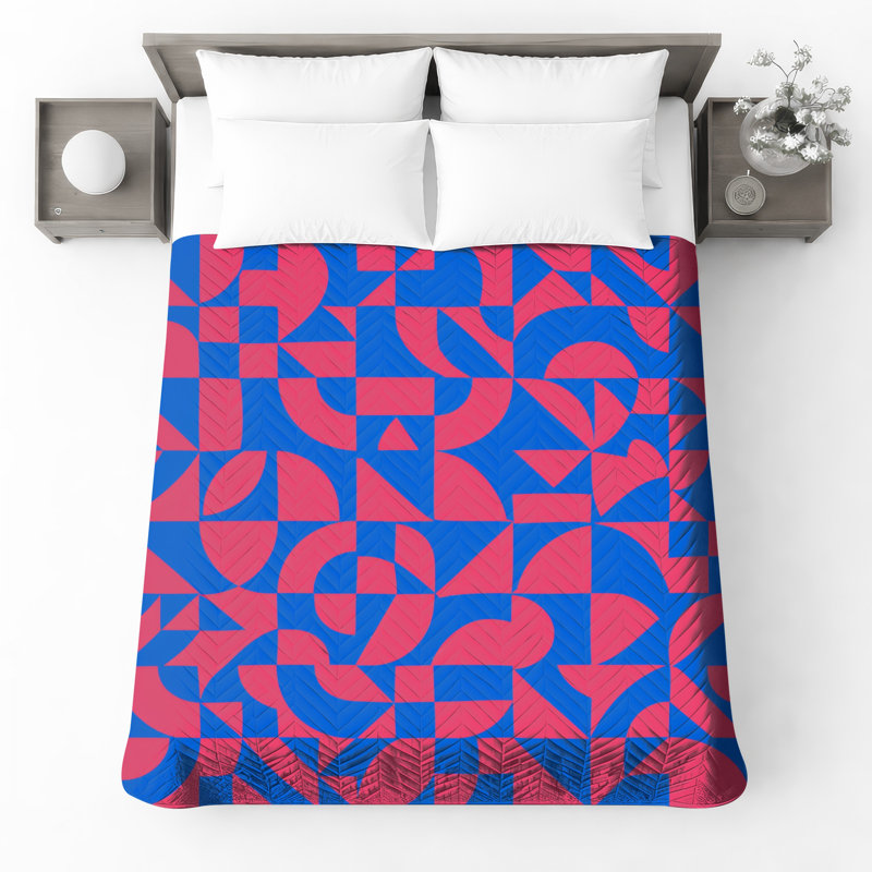 Blue Geometric Shapes Quilted Thin Bedspread, King