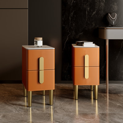 Modern Faux Leather Nightstand Set of 2 – 2-Drawer Bedside Table With Gold Metal Legs & Faux Marble Top, Contemporary Storage Furniture For Bedroom