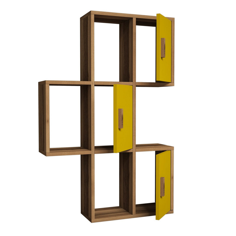 Tablette murale moderne, noyer et jaune, 19,7 po x 44,4 po x 7,9 po | 100% panneau de particules enduit de mélamine, épaisseur: 0,7 pouce | Nombreuses tablettes, conception à fixation murale | Parfait pour les solutions de décoration et de rangement, élégant et fonctionnel