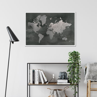 Large Silver World Map On Black Wash by Jennifer Goldberger - Painting