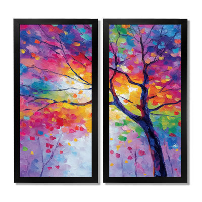 «Vibrant Tree of Life Forest», art mural sur arbre pour le salon, rose sur toile, 2 pièces