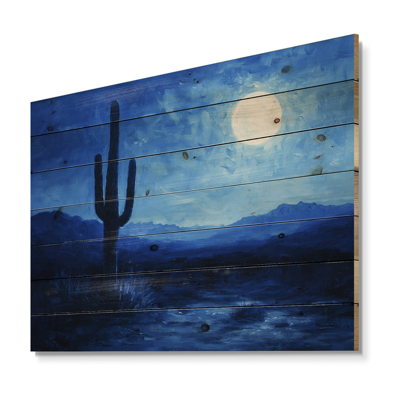 Cactus sous les étoiles bleues du désert II - décoration murale en bois de cactus floral - sur bois de pin naturel