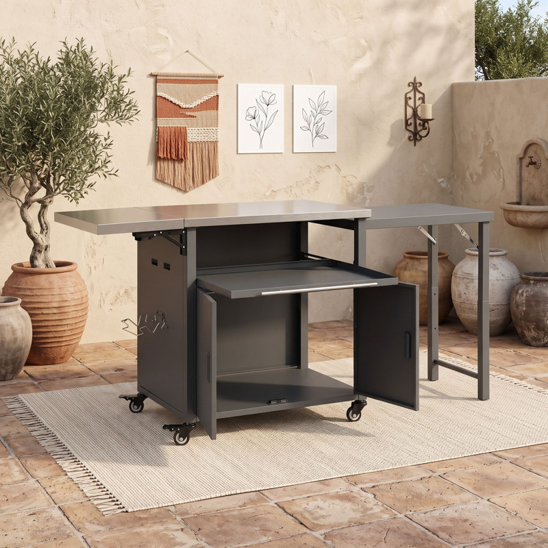 Cuisine extérieure pliable avec dessus de table en acier inoxydable, armoire, support à déchets et roues verrouillables, Gris
