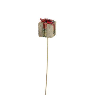 16" Tan Brown and Red Christmas Gift Box Shaped Pick