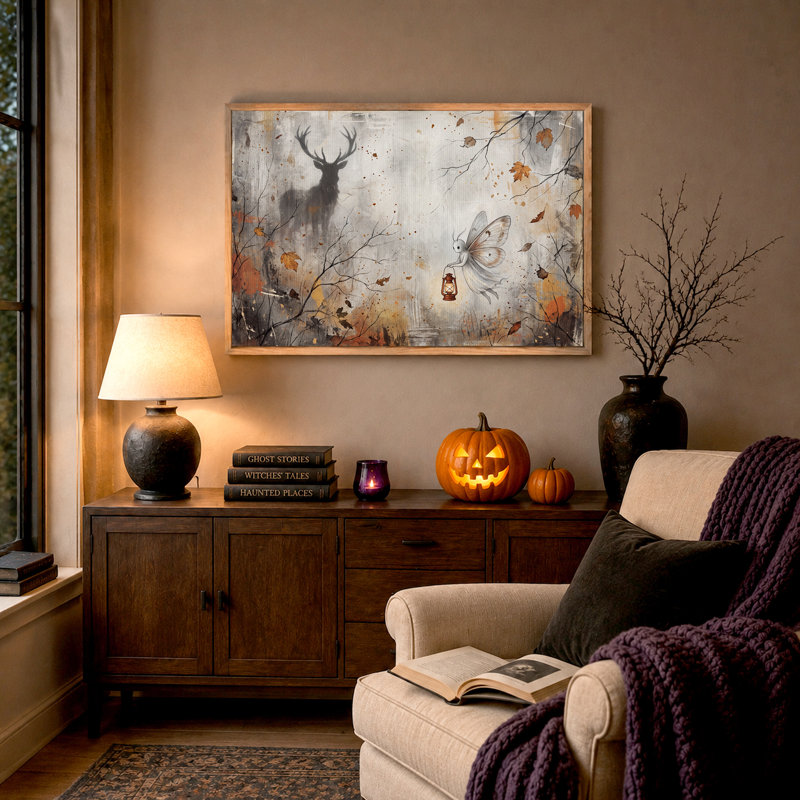 Fée tenant une lanterne près d'un cerf, art d'Halloween sur toile, H 32 po x l 48 po