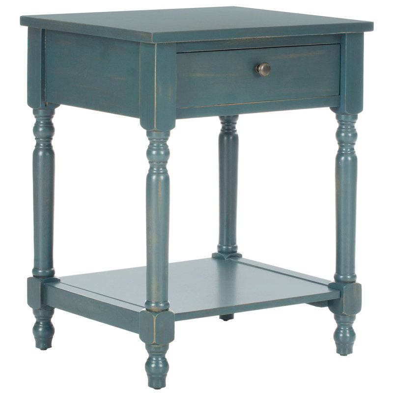 Tami Pine Nightstand - Vintage Style Solid Wood End Table with 1 Drawer & Open Shelf for Any Bedroom, Dark Teal