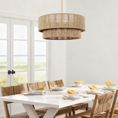 21-Inch 4-Light 2-Tier Hand-Woven Dimmable Drum Chandelier with Adjustable Height and Brass Finish