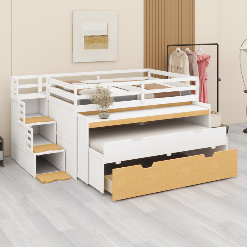 Structure de lit mezzanine peu encombrante avec bureau coulissant, lit gigogne et tiroirs de rangement intégrés