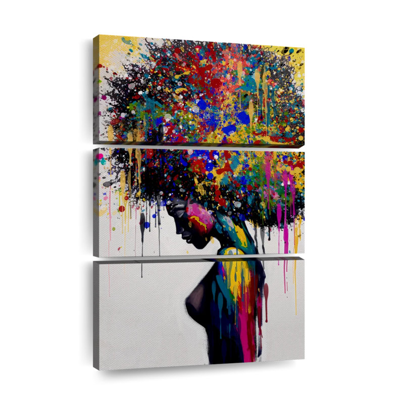 "Portrait féminin" Afro Color Splash sur toile 3 pièces par Harper D., H 24 po x l 38 po x P 1,25 po