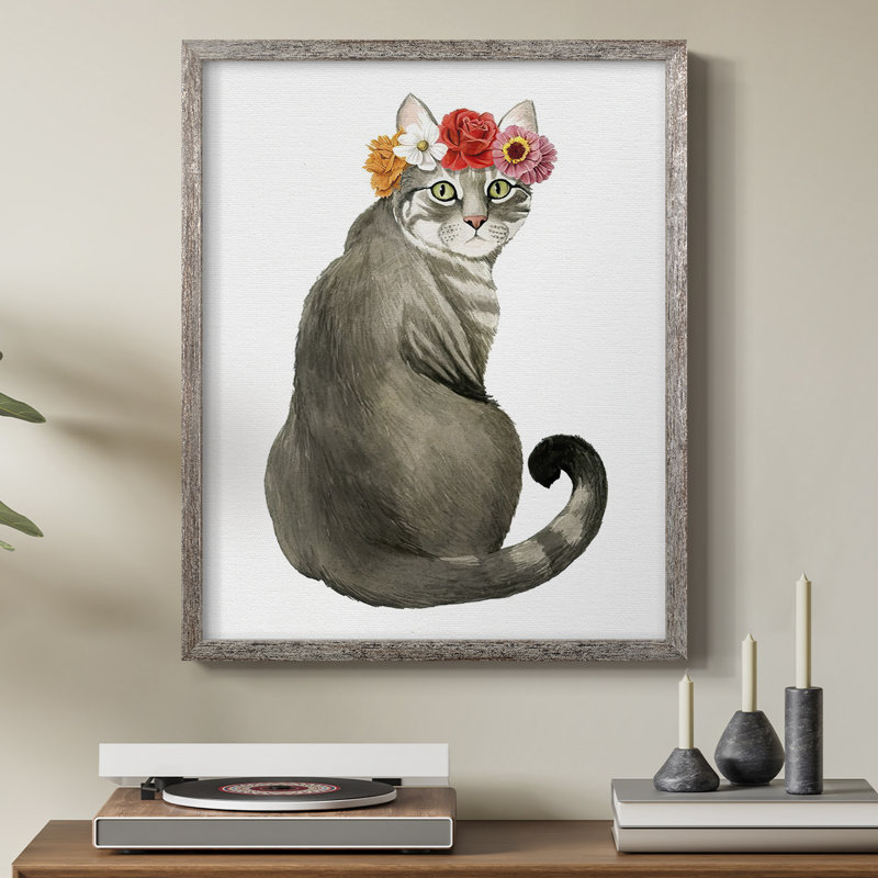 «Flower Crown Cats I», reproduction encadrée - bois massif, H 21 po x l 17 po