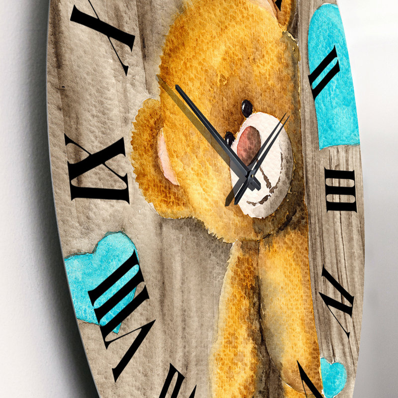 Cute Brown Teddy Bear with Blue Hearts - Children's Art Wall Clock, Small