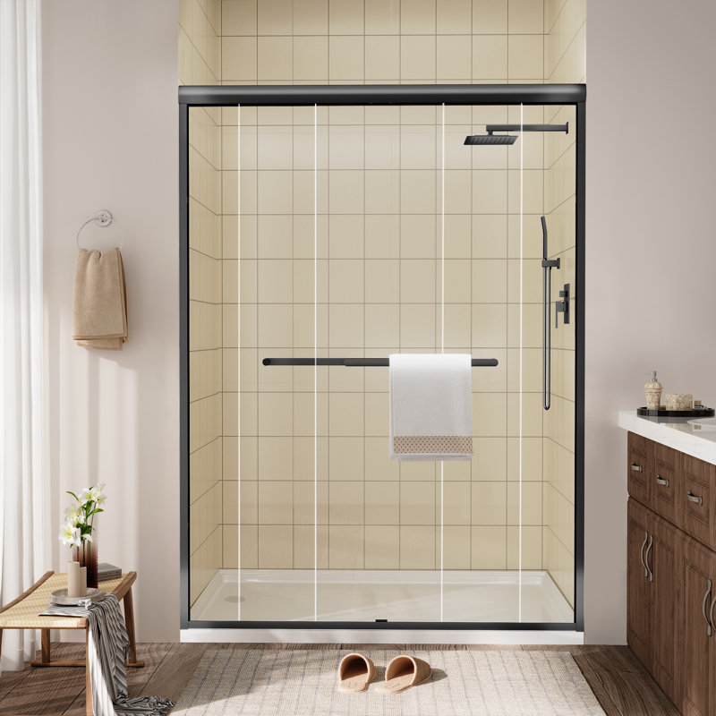Sliding Framed Shower Door In Matte Black With Clear Glass, Matte Black