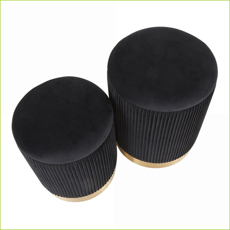 Ottoman Set, Contemporary Glam Nesting Black Velvet with Gold Metal Base | Gold | Metal, Black