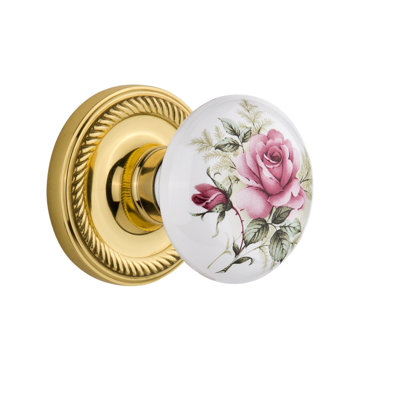 Rope Rosette with White Rose Porcelain Door Knob