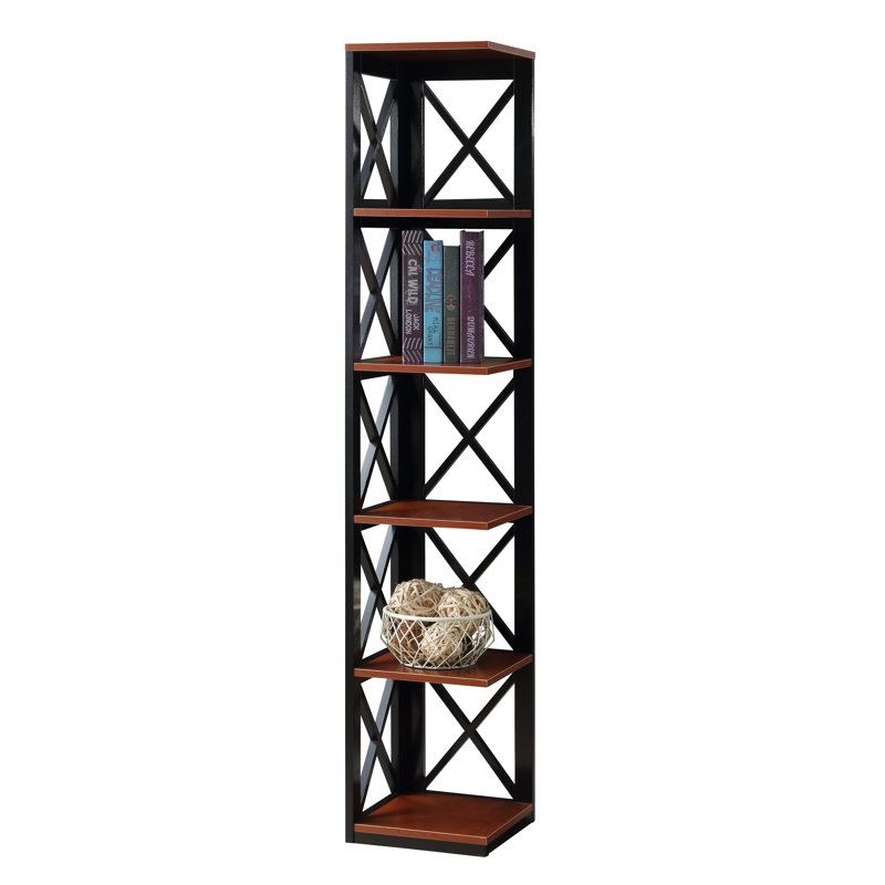 Darek 63.75" H x 12" W Corner Bookcase, Cherry/Black
