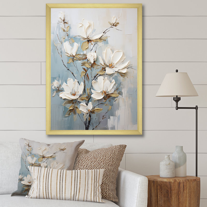 «Elegant White and Blue Magnolias Tranquility III», reproduction sur toile, Toile tendue, H 44 po x l 34 po x P 1,5 po