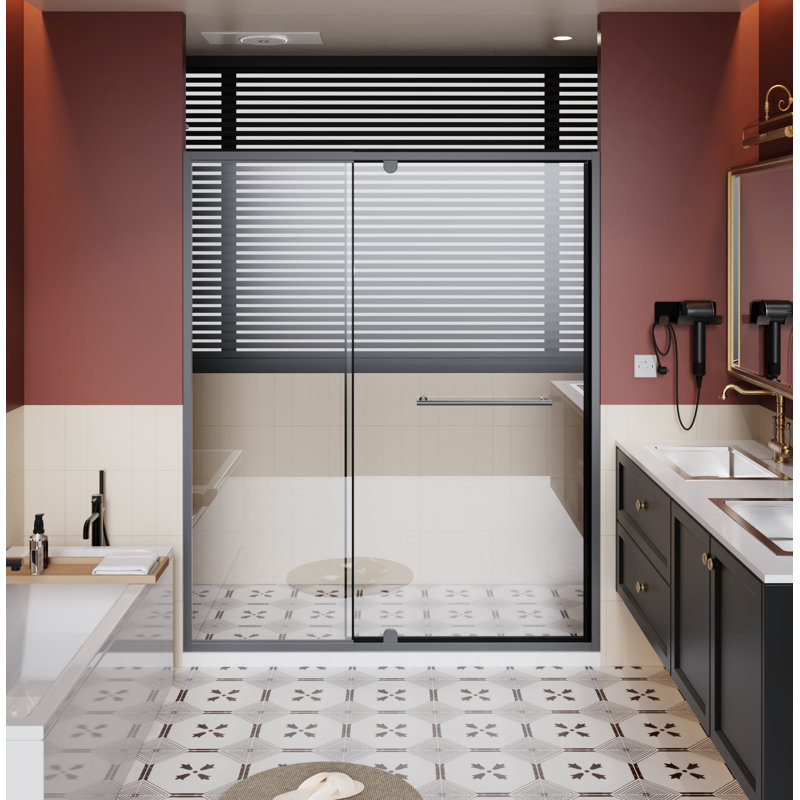 60.In W X 72.In H Pivot Shower Door, 1/4 Inch Thick Clear Tempered Glass Swing Shower Door With Stainless Steel Handle, Black
