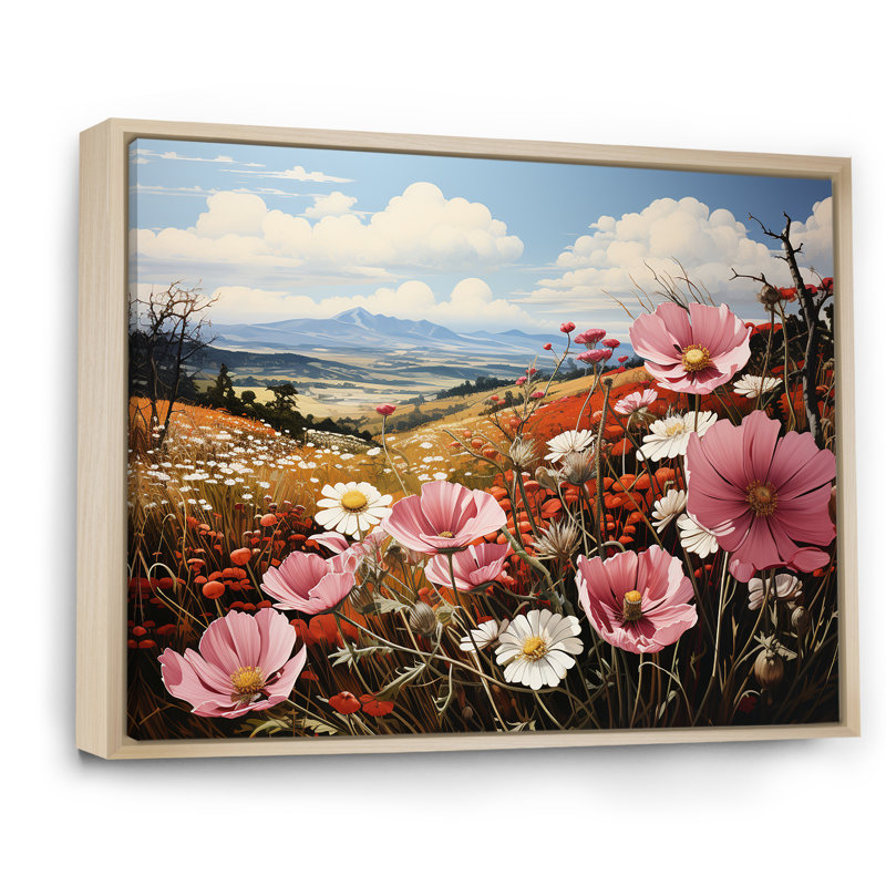 «Pink Crimson Flower Meadow Field X», reproduction sur toile, Cadre naturel flottant, 34" H x 44" W